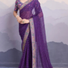 Purple Bandhani Printed Georgette Saree With Embroidered Lace Border
