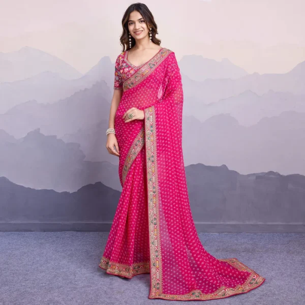Rani Pink Bandhani Printed Georgette Saree With Embroidered Lace Border
